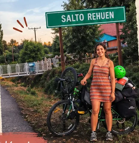 Nae de pie junto a su bicicleta bajo el letrero de Salto Rehuén