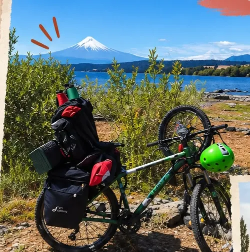 Bicicleta cargada frente a un lago con un volcán nevado al fondo
